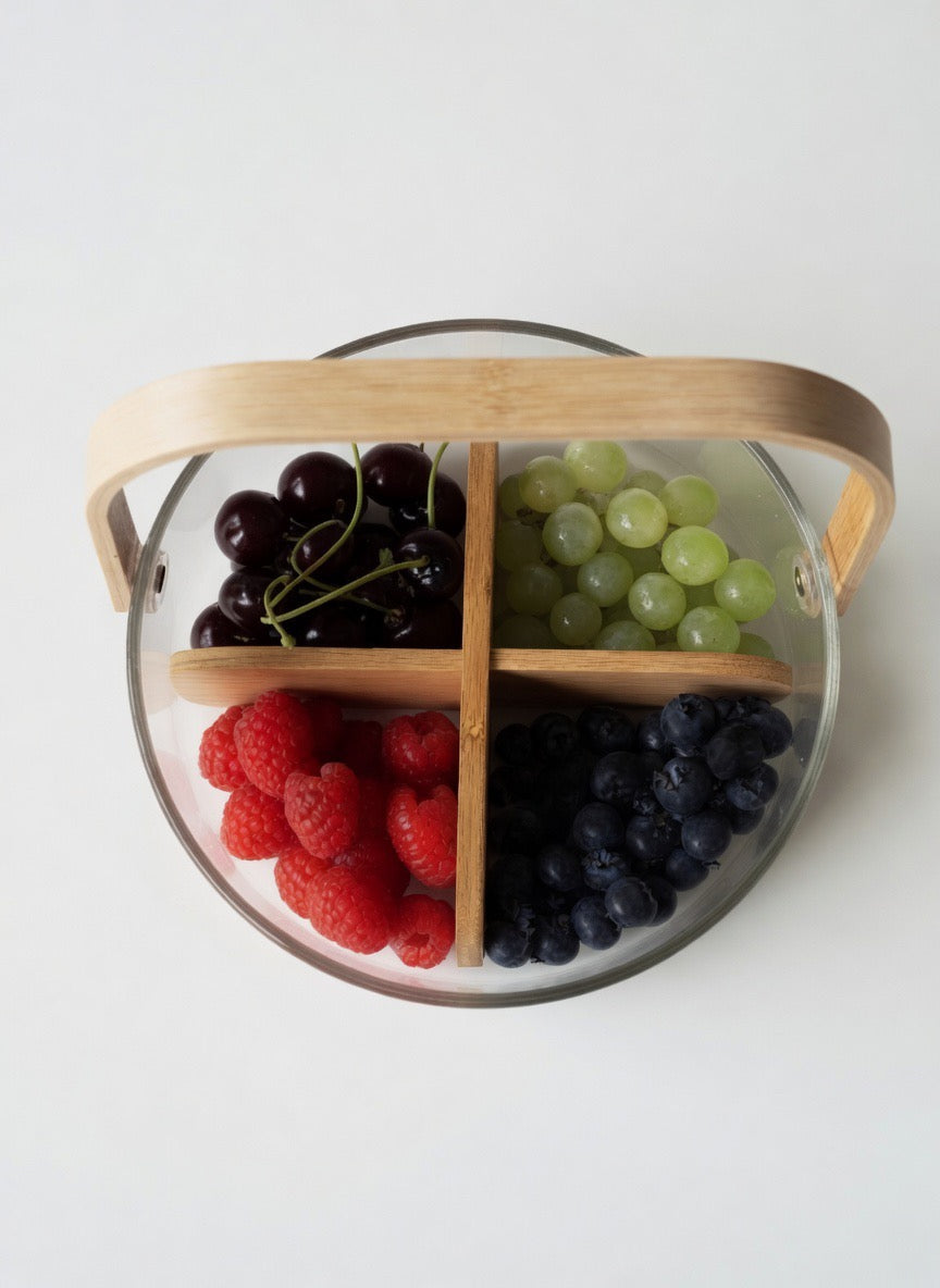 Premium Glass Serving Bowl with Wooden Handle | 4 Compartment Fruit Bowl for Home & Kitchen