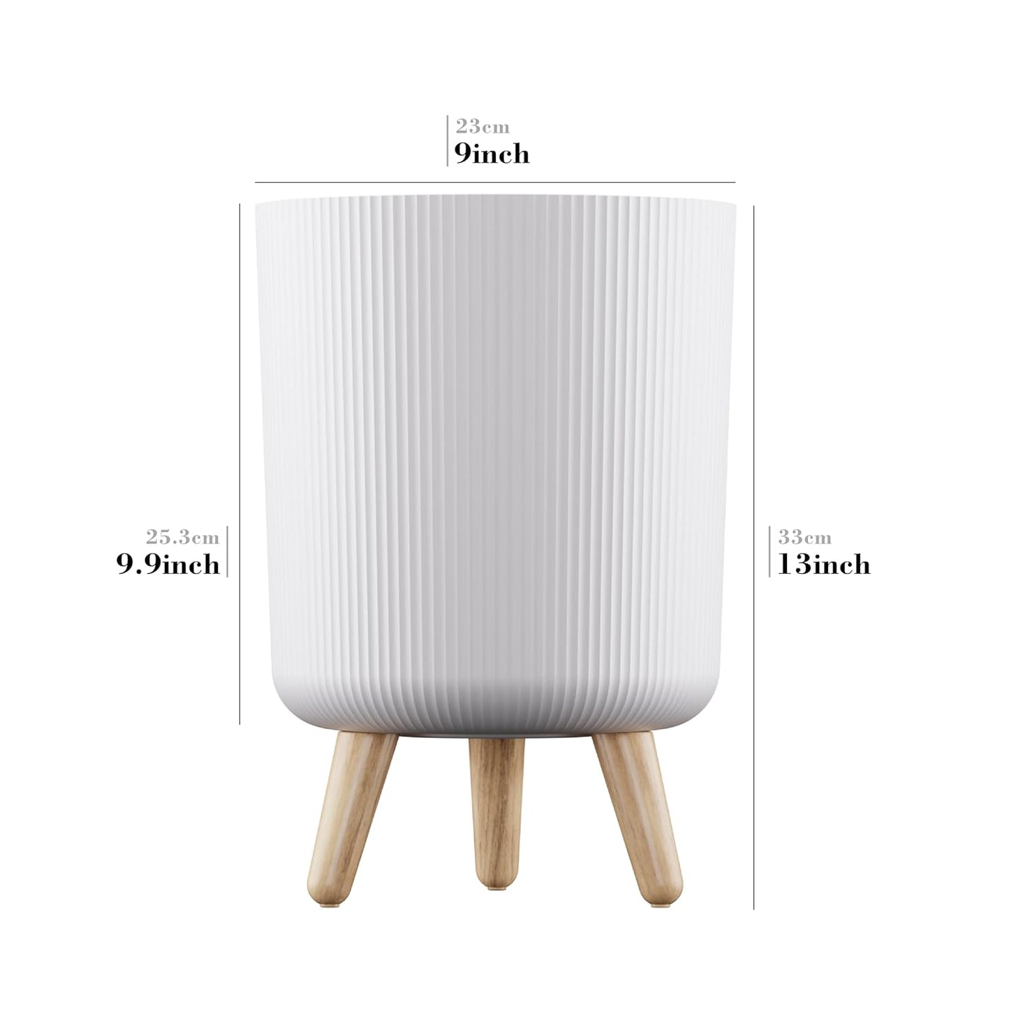 Set of 2 Nordic Ribbed Tripod Planters | Modern White Grooved Plant Pots with Wooden Legs