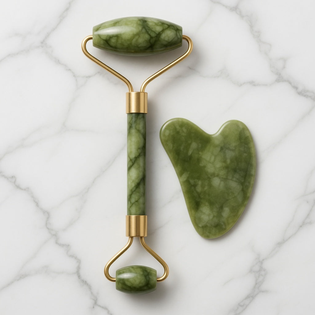 Jade Roller & Gua Sha Stone Set - Natural Cooling Facial Massage Tool for Glowing Skin