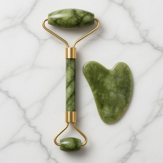 Jade Roller & Gua Sha Stone Set - Natural Cooling Facial Massage Tool for Glowing Skin