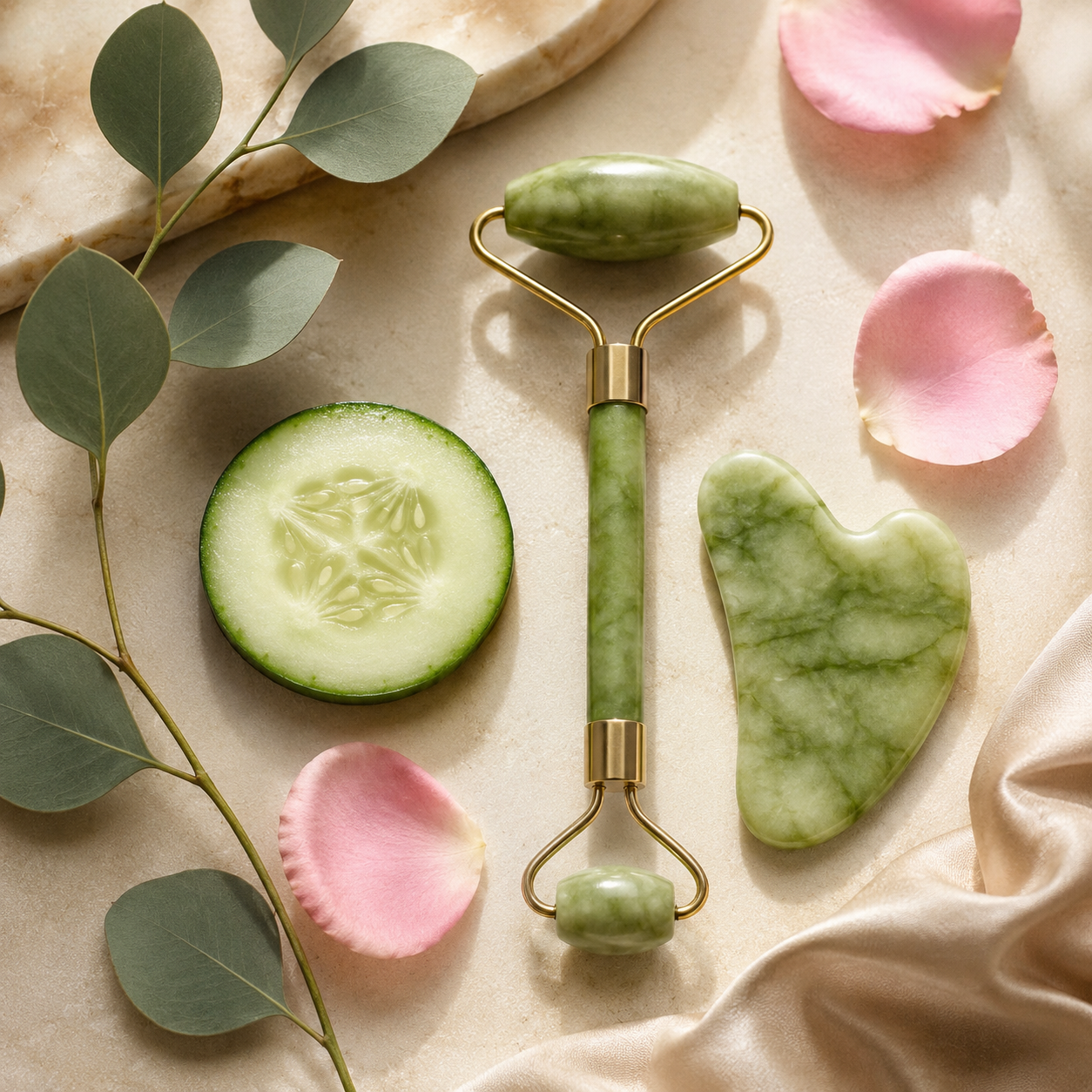 Jade Roller & Gua Sha Stone Set - Natural Cooling Facial Massage Tool for Glowing Skin