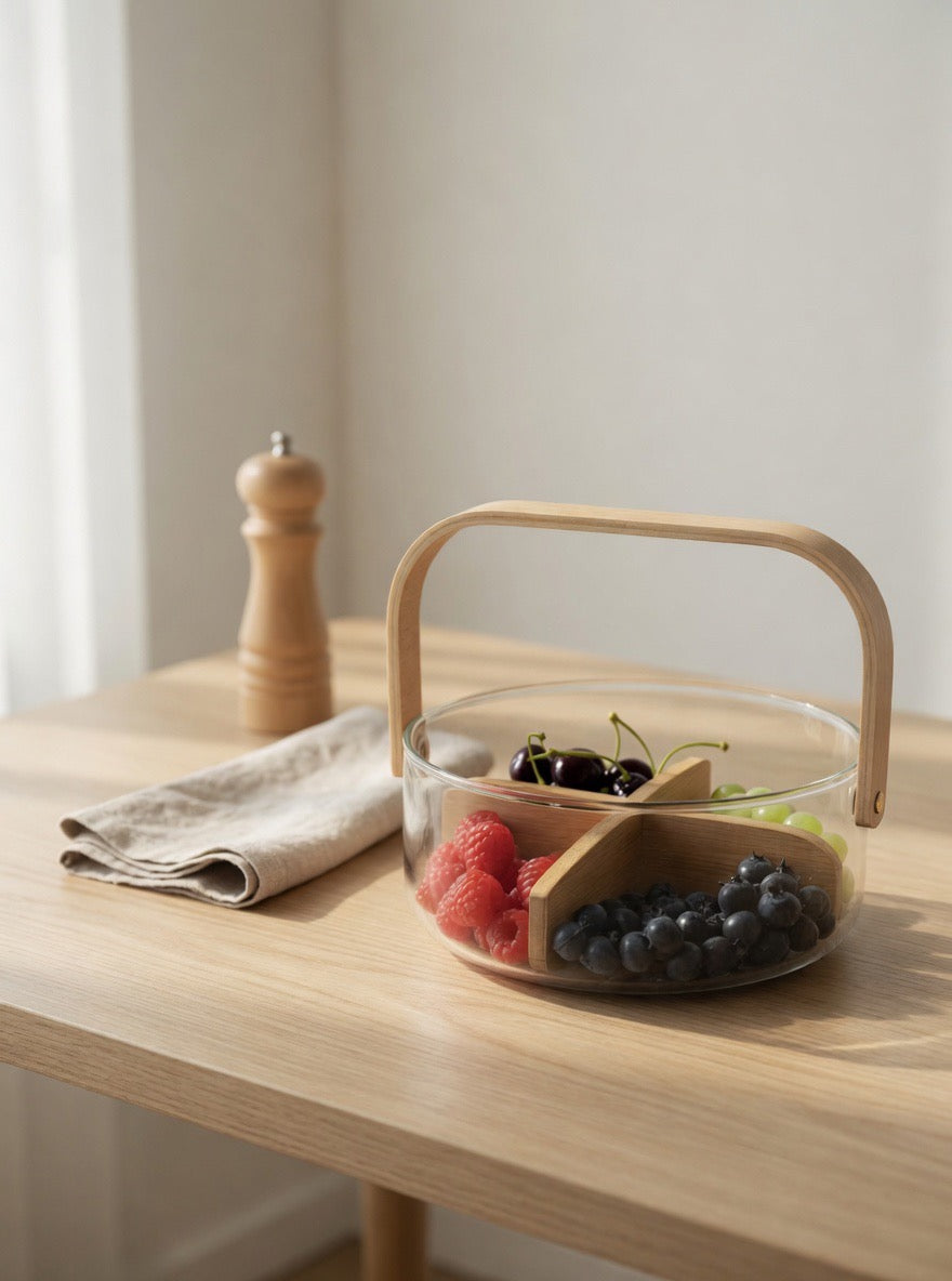 Premium Glass Serving Bowl with Wooden Handle | 4 Compartment Fruit Bowl for Home & Kitchen
