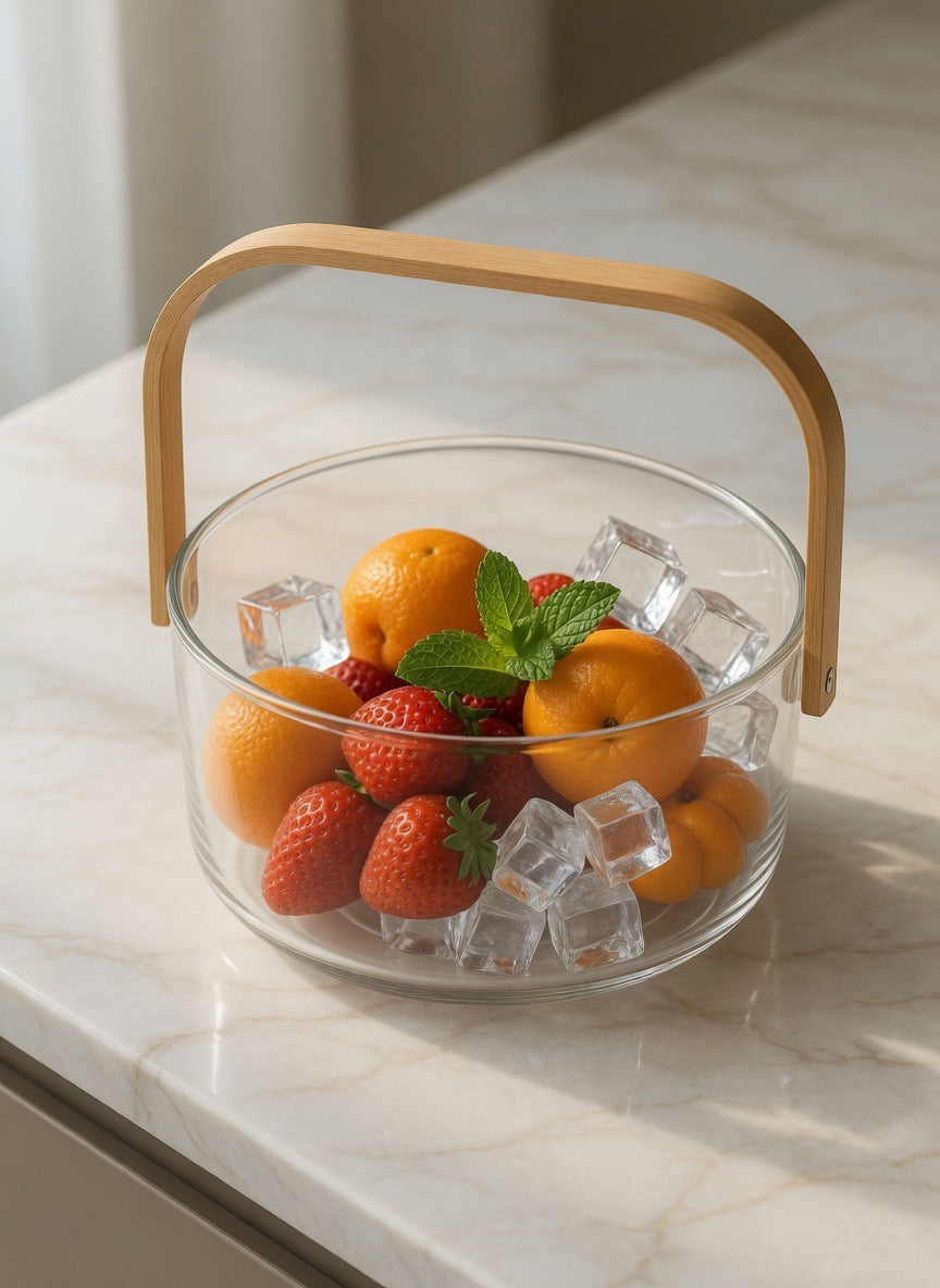 Premium Glass Serving Bowl with Wooden Handle | 4 Compartment Fruit Bowl for Home & Kitchen