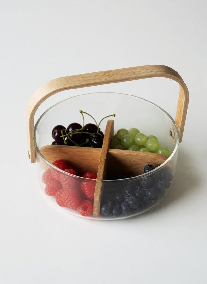 Premium Glass Serving Bowl with Wooden Handle | 4 Compartment Fruit Bowl for Home & Kitchen