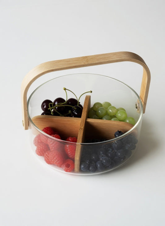 Premium Glass Serving Bowl with Wooden Handle | 4 Compartment Fruit Bowl for Home & Kitchen