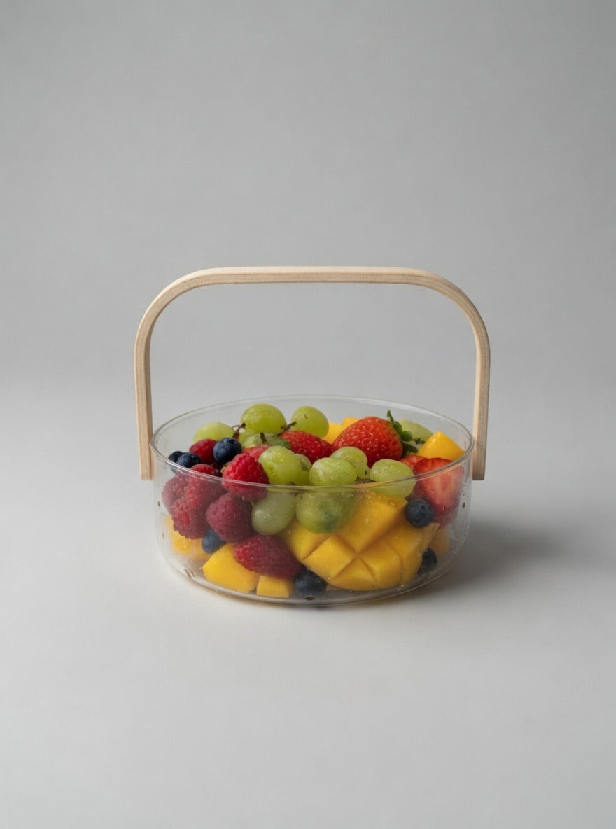 Premium Glass Serving Bowl with Wooden Handle | 4 Compartment Fruit Bowl for Home & Kitchen