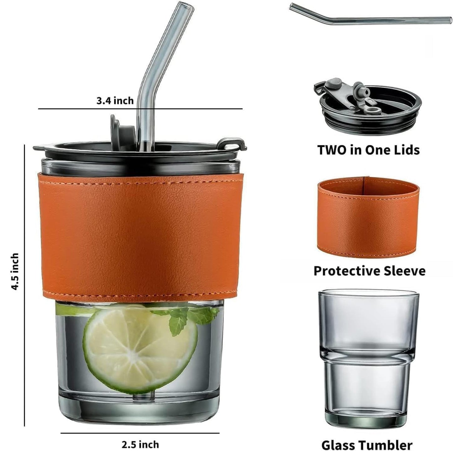 Gorgous Signature Glass Sipper – Detachable Premium Leather Sleeve, Glass Straw & 2-in-1 Smart Lid | Premium Everyday Luxe Drinkware