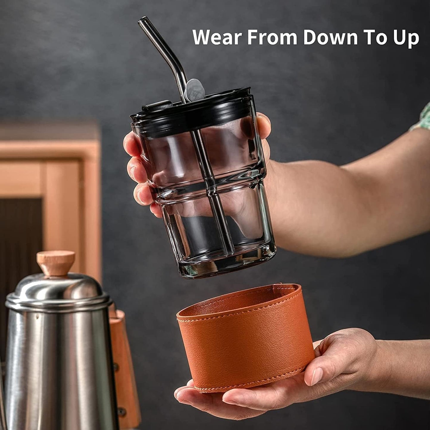 Gorgous Signature Glass Sipper – Detachable Premium Leather Sleeve, Glass Straw & 2-in-1 Smart Lid | Premium Everyday Luxe Drinkware