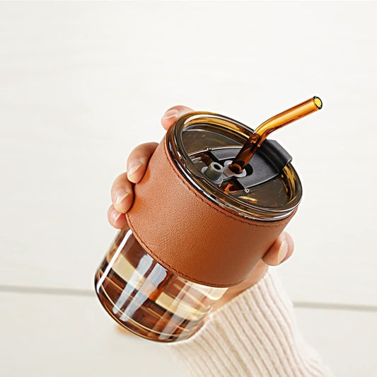 Gorgous Signature Glass Sipper – Detachable Premium Leather Sleeve, Glass Straw & 2-in-1 Smart Lid | Premium Everyday Luxe Drinkware
