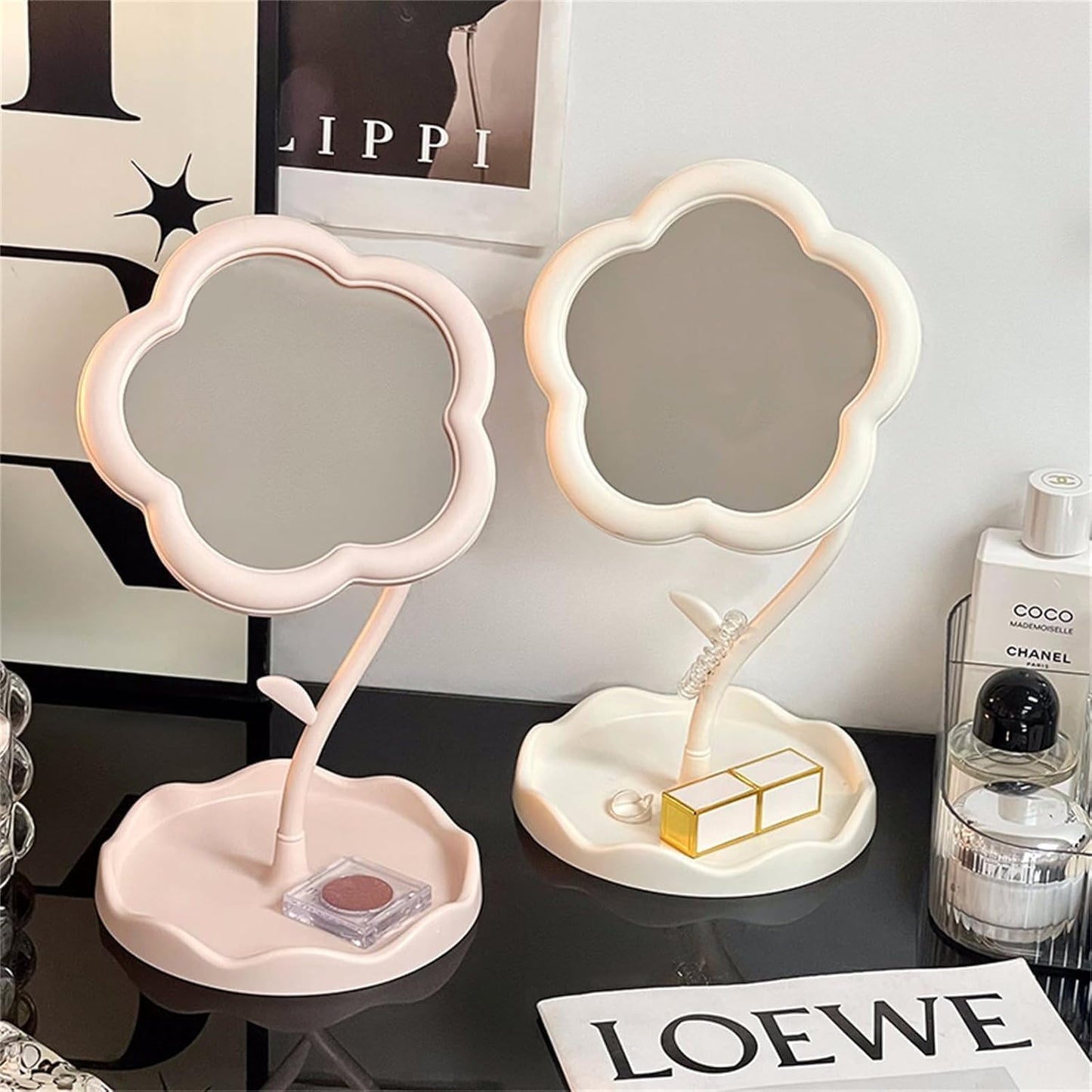 Blossom Glow Cloud Mirror | Cute Flower Shape Vanity Mirror with Storage Tray & Adjustable Stand