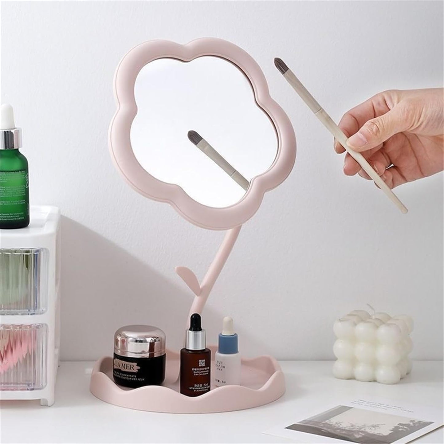 Blossom Glow Cloud Mirror | Cute Flower Shape Vanity Mirror with Storage Tray & Adjustable Stand
