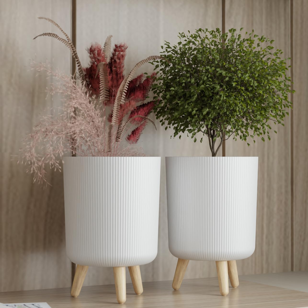 Set of 2 Nordic Ribbed Tripod Planters | Modern White Grooved Plant Pots with Wooden Legs