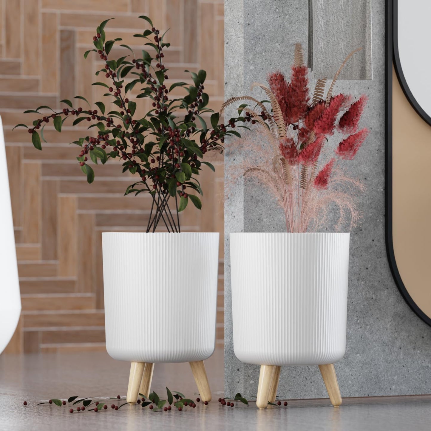 Set of 2 Nordic Ribbed Tripod Planters | Modern White Grooved Plant Pots with Wooden Legs