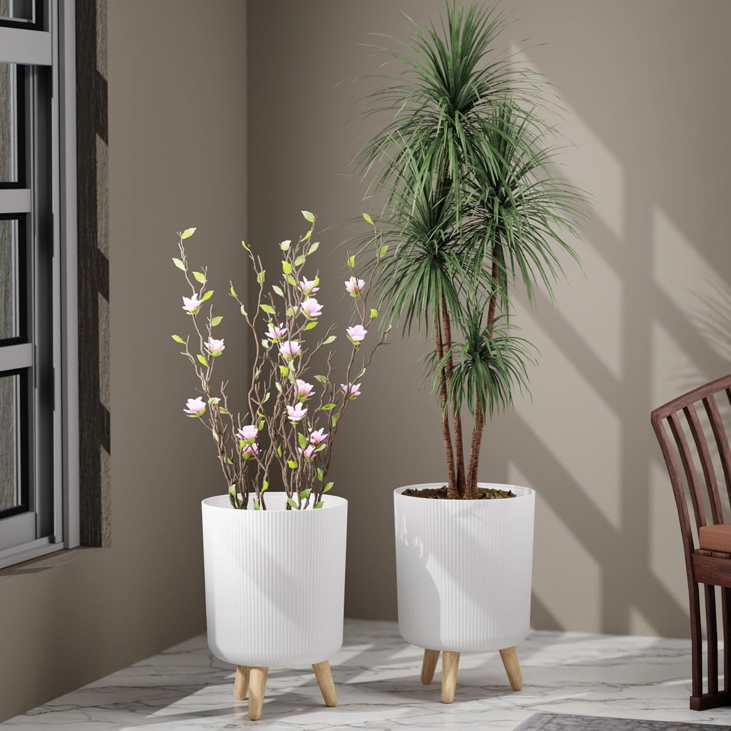 Set of 2 Nordic Ribbed Tripod Planters | Modern White Grooved Plant Pots with Wooden Legs