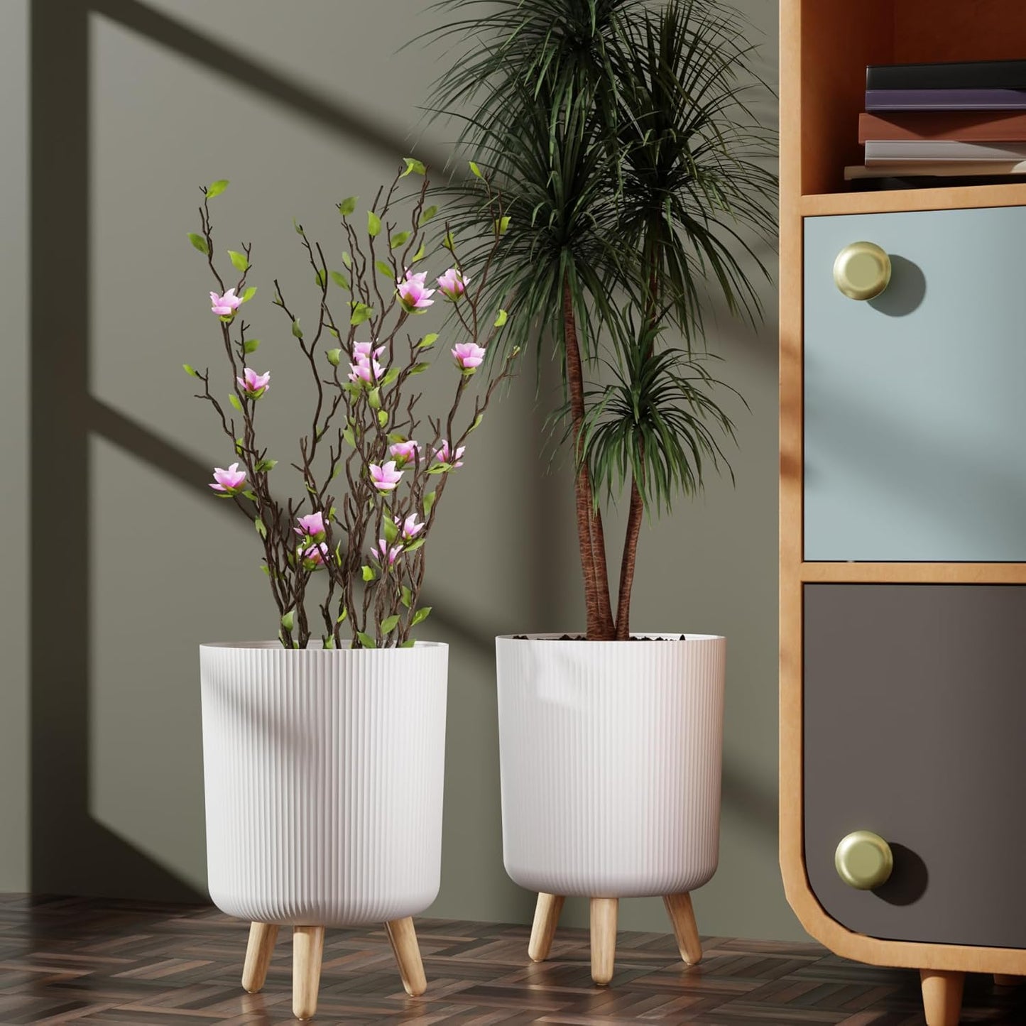 Set of 2 Nordic Ribbed Tripod Planters | Modern White Grooved Plant Pots with Wooden Legs