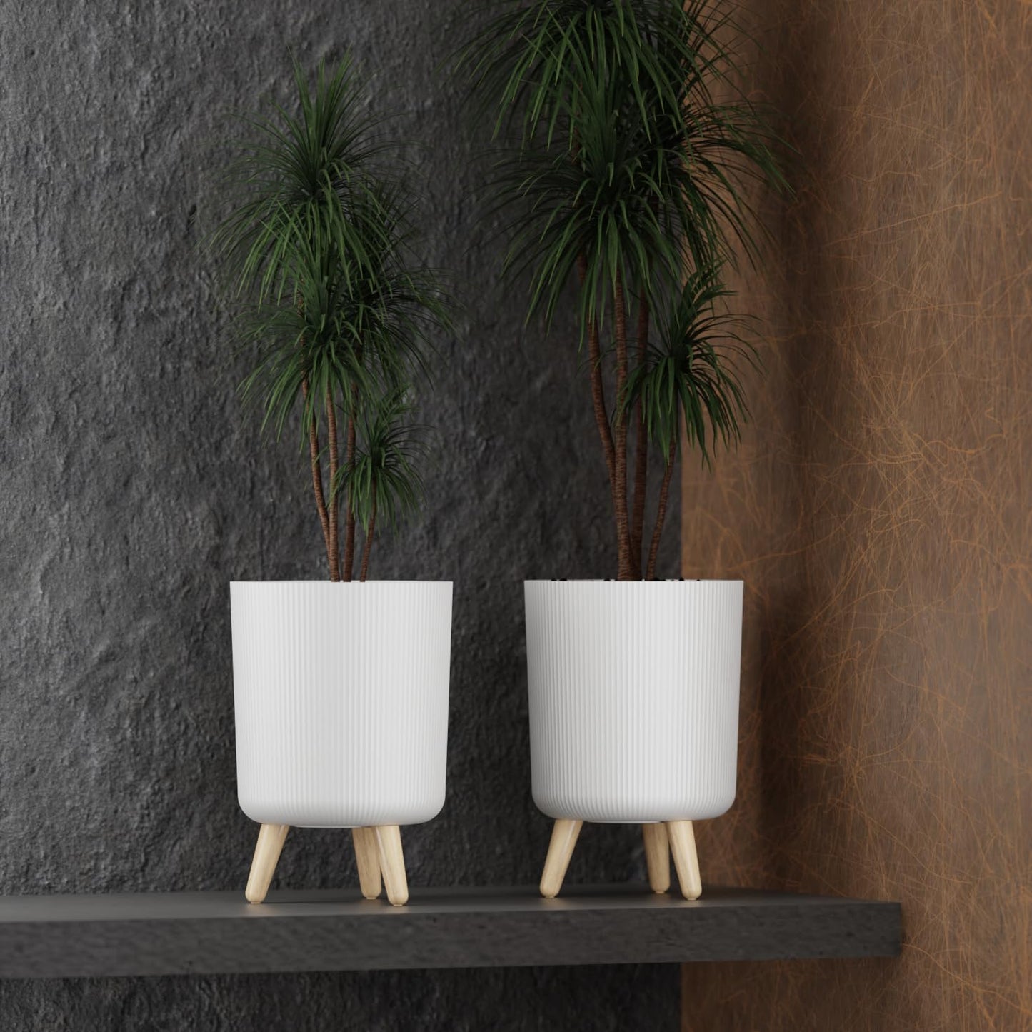 Set of 2 Nordic Ribbed Tripod Planters | Modern White Grooved Plant Pots with Wooden Legs