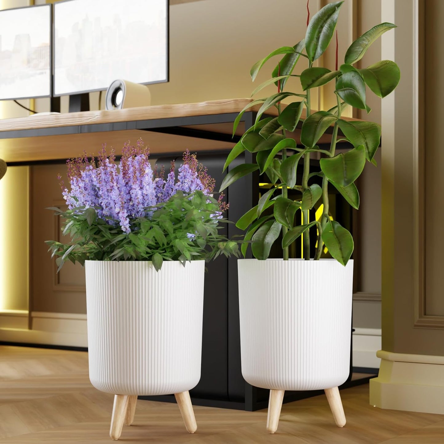 Set of 2 Nordic Ribbed Tripod Planters | Modern White Grooved Plant Pots with Wooden Legs